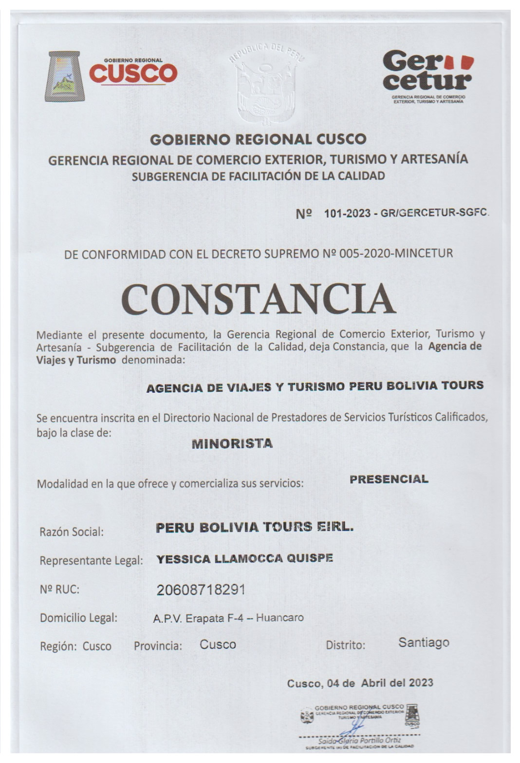 Constancia de Funcionamiento de Tour en Cusco Peru- agencia formal cusco
